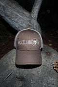 Brown trucker hat with khaki mesh back and white embroidered Miscellaneous logo