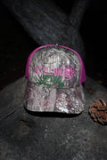 Realtree Edge camo trucker hat with neon pink mesh and pink embroidered Miscellaneous logo