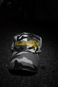 Gray camo dad hat with gold embroidered Miscellaneous logo