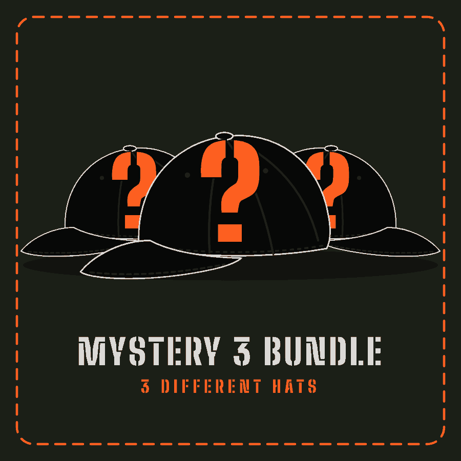 Mystery 3 Bundle: three blacked-out hats with orange question marks