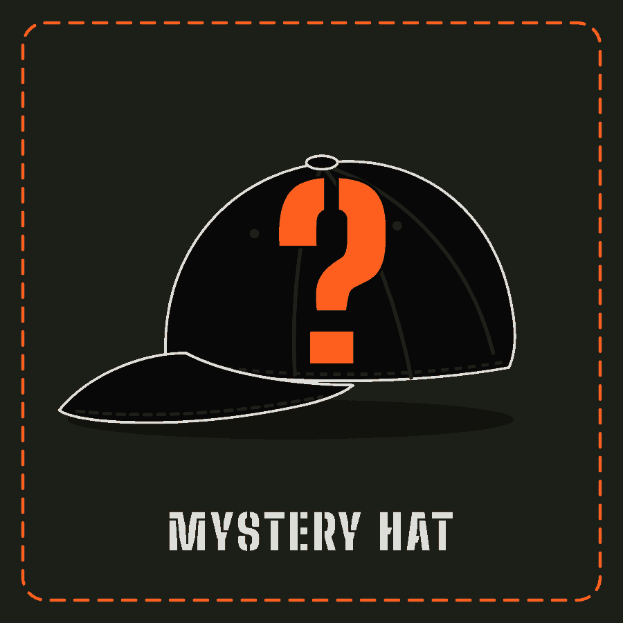 Mystery Hat: a blacked-out hat with an orange question mark